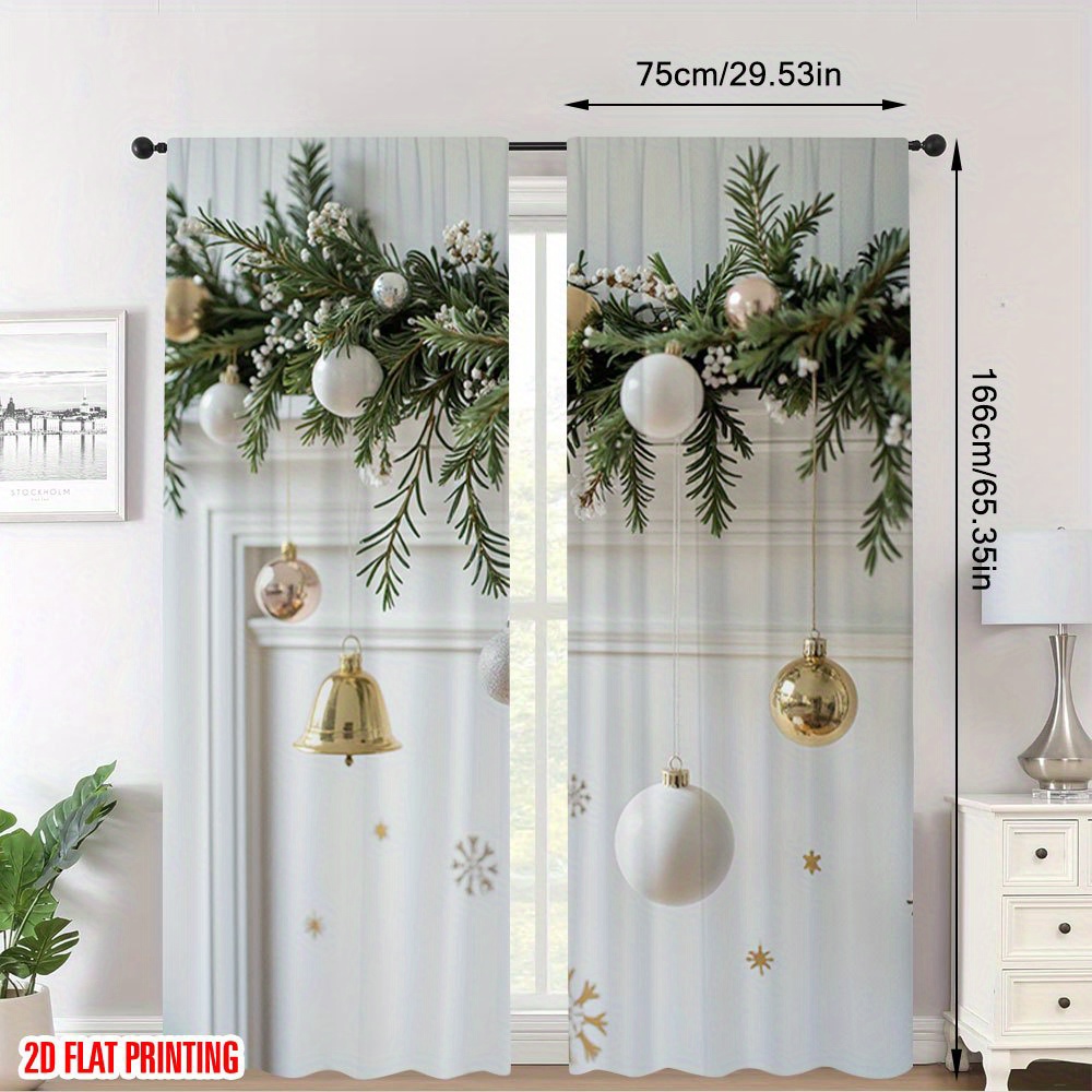 TEMU 2d Flat - 2d Flat - Set Of 2 Festive 2d Flat Curtains In Silver, White, And Golden, Perfect For Christmas Decor. Elegant Printed Curtains