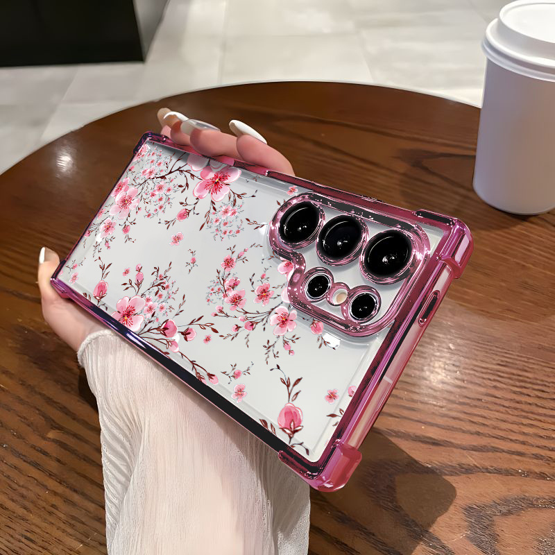 TEMU Phone Case: Flower Branches 1 Electroplated Corner Anti-drop Transparent Tpu Protective Case, Suitable For Galaxy S25/s22, Drop-proof And Dirt-