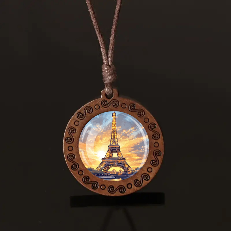 Eiffel Tower Wooden Pendant Necklace, Adjustable Gift