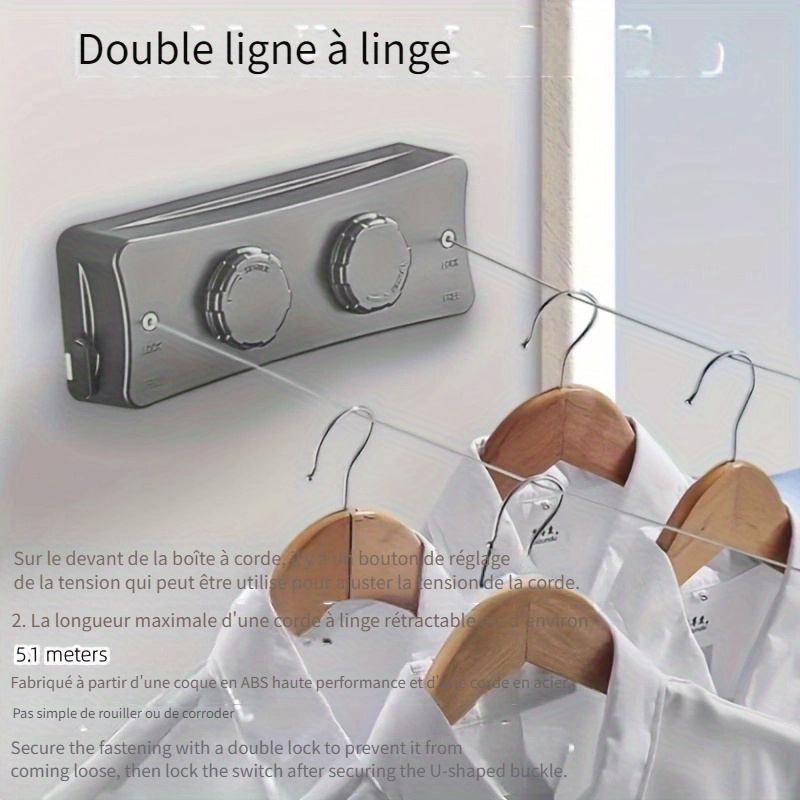 Corde à Linge Rétractable Double 5.2m - Pour Intérieur Et Extérieur - Fixation Murale Facile