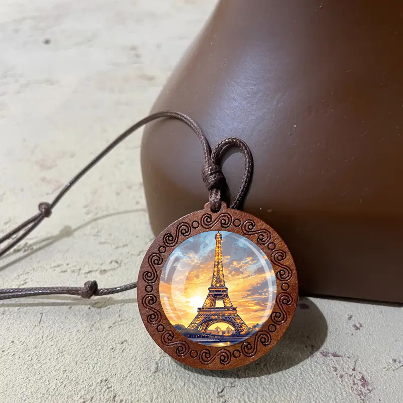Eiffel Tower Wooden Pendant Necklace, Adjustable Gift