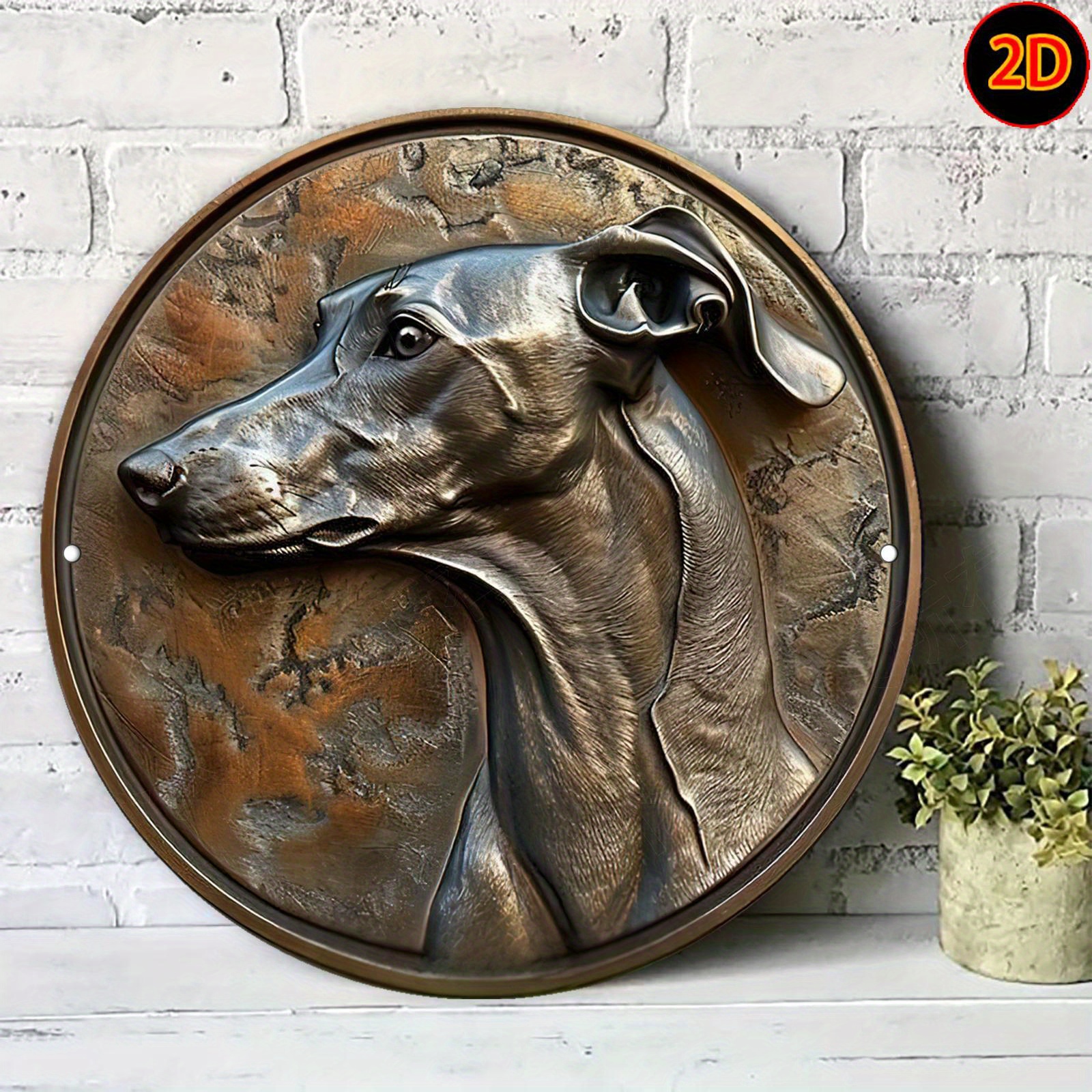 TEMU 2d Flat, 2d Flat - [2d Flat] A 2d Printed Circular Aluminum Artwork, Featuring A Metal Relief Sign Of A Whippet, Perfect For Decorating Walls In