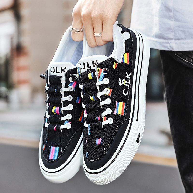 Men'S Colorful Striped Low-Top Canvas Sneakers - Black with White Sole, Lace-Up Casual Shoes for All-Season Wear, Streetwear Style, Round Toe Design, Sneakers | Trendy Streetwear | Durable PVC Sole