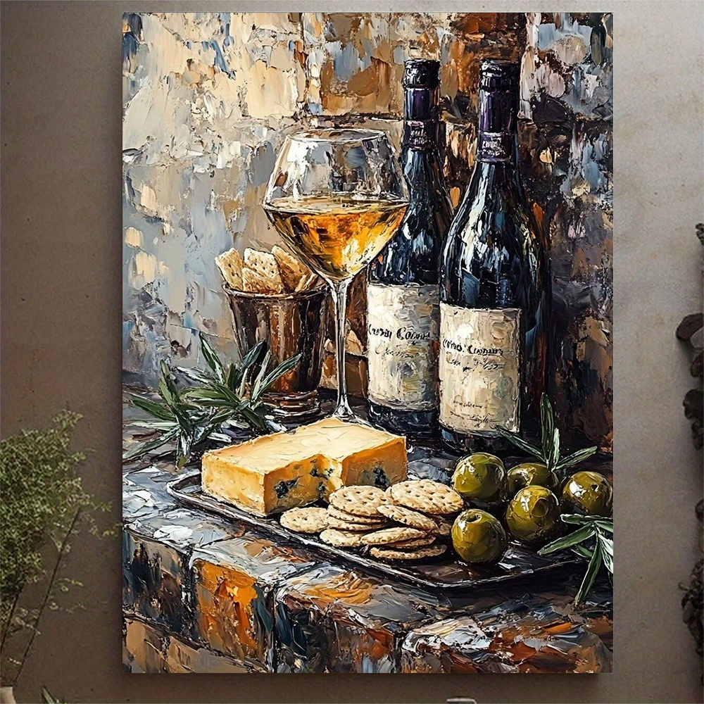 TEMU 1pc 12x16 Inch Oil Painting Style Martini Cheese Crackers Wall Art - Recycled Wood Framed Canvas, Appetizing Still Wine, Cheese, Crackers &