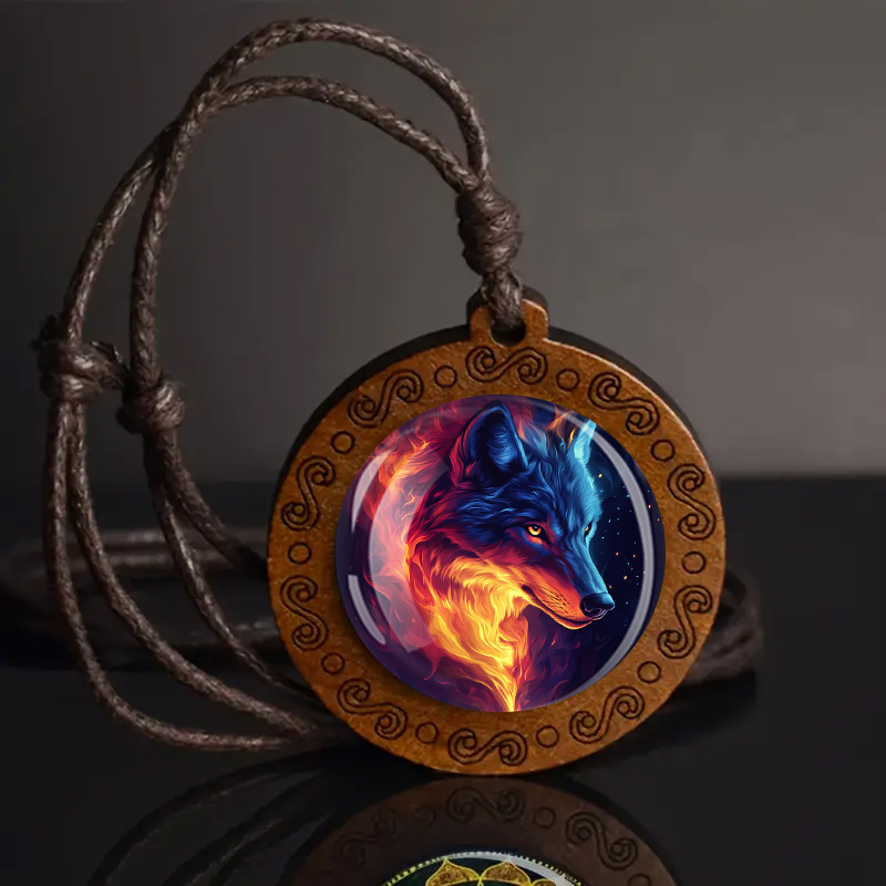 TEMU Ice Fire Wolf Wooden Pendant Necklace, Unisex With Adjustable Cord, Suitable For And Holiday Gifting, Versatile Jewelry, , Natural Wood Jewelry, Wooden Necklace, Fashion Accessory