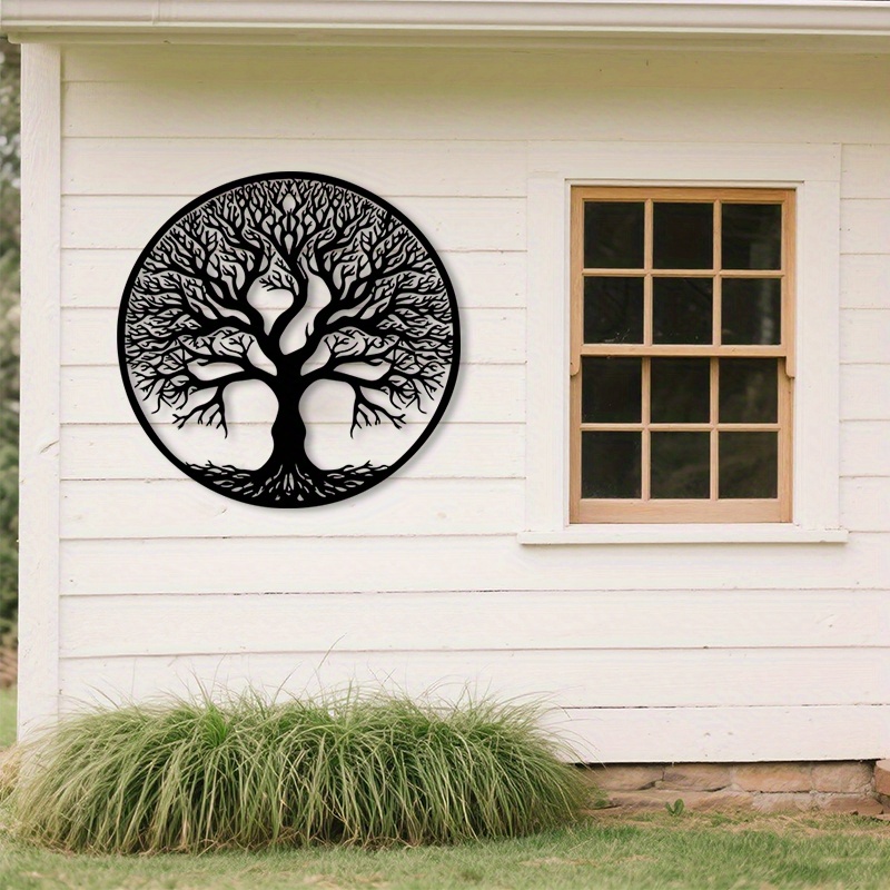 1 stück schwarzes metall baum des lebens wandkunst - wetterbeständiger eisen dekor mit filigranem blatt design,   für veranda, weihnachten oder natur-themen-räume, ideales geschenk für outdoor-begeisterte, outdoor-wanddekoration | naturinspiriertes design | dauerhaftes metallkunst, baum dekorationen