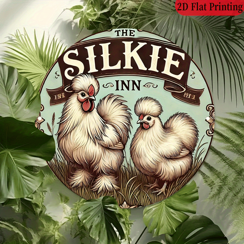 TEMU 2d Flat, 2d Flat - Round Aluminum Metal Sign Featuring A Design With A Rooster And Hens, Measuring 20.32x20.32cm. Ideal For Rustic Decor In