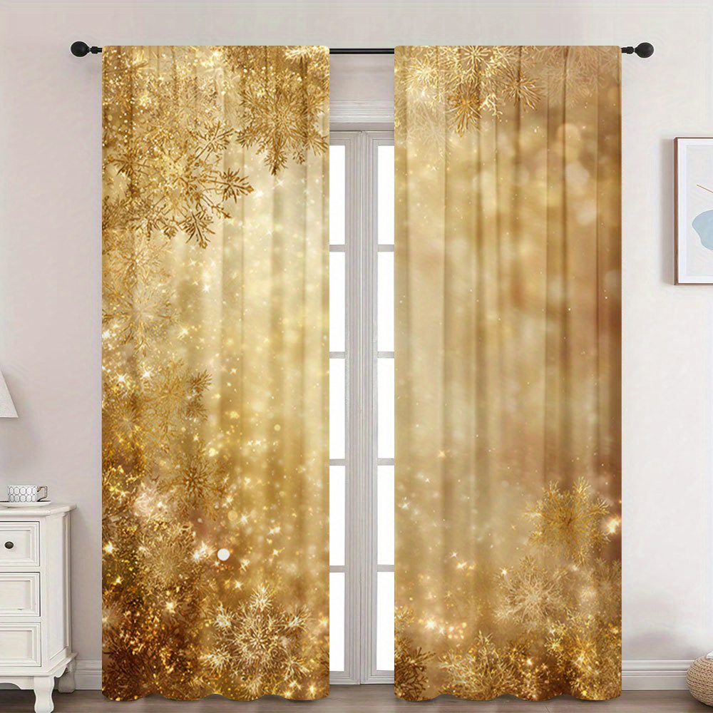 imagen del artículo 2 piezas de cortinas doradas con   de nieve - elegantes cortinajes invernales con  , diseño   de colgar (sin barra necesaria) - tratamientos de ventana   en poliéster para sala, dormitorio, navidad,  , decoración     - lujo asequible, adornos festivos, tela  ,   2d  