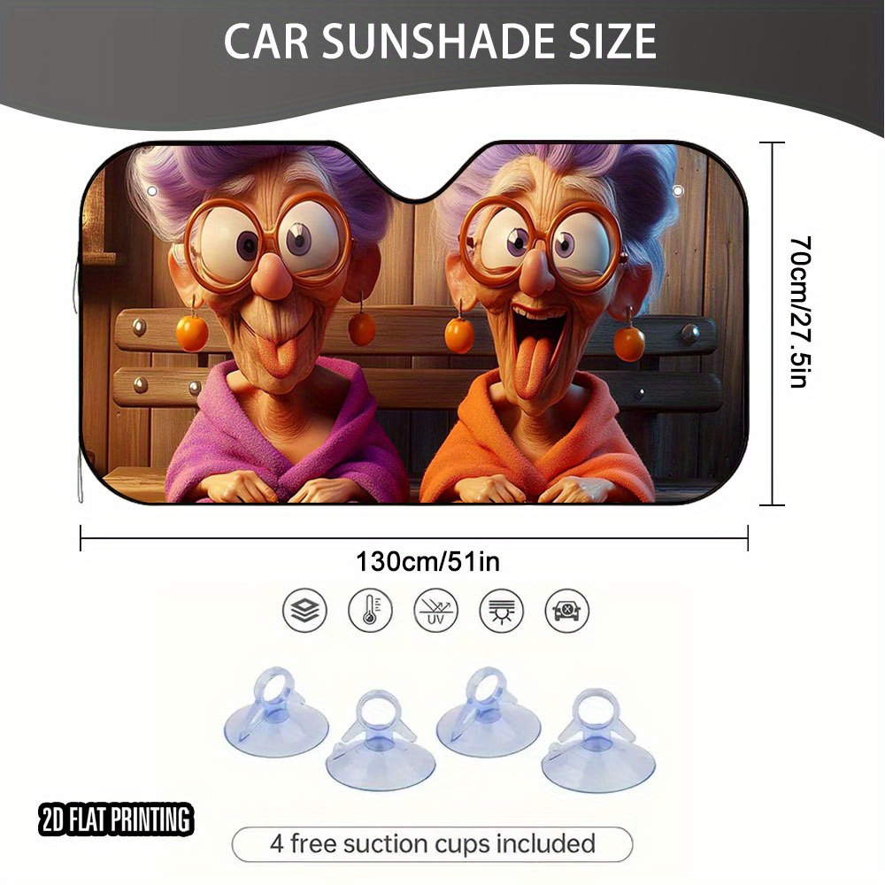 TEMU 1pc 2d Flat Grandma Laughing Sunshade – Foldable & Space-saving, Keeps Your Vehicle Cool, With 4 Suction Cups, Suitable For Suvs, Sedans, &