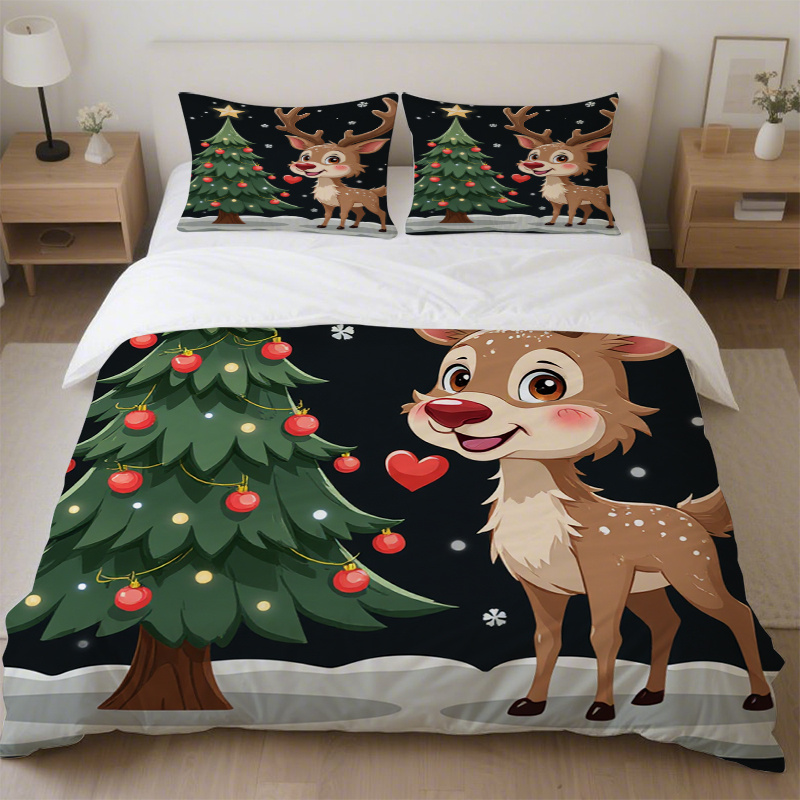 Weihnachts-Bettwäsche-Set Mit Schneemann & Weihnachtsbaum-Muster – King-Size Steppdecke & 2 Kissenbezüge Für Gemütliche Festtage