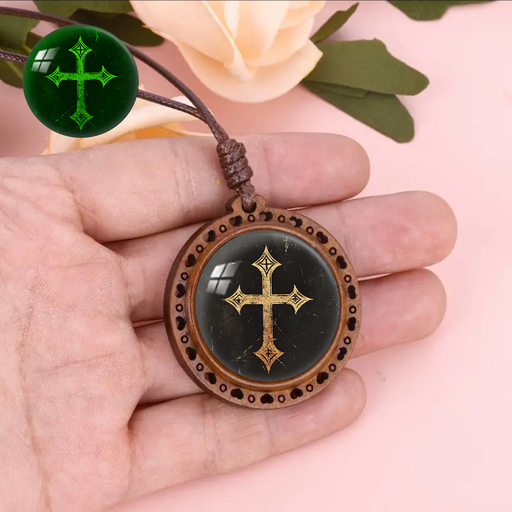 Wooden Cross Pendant Necklace, Luminous and Fluorescent