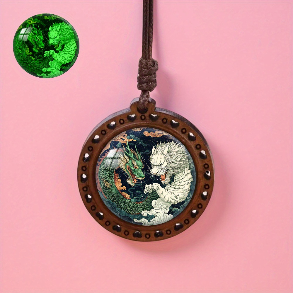 TEMU Vintage Dragon And Tiger Totem Wooden Pendant Necklace - -the-dark, Unisex Design For Daily Wear & Festive Gifts, Dragon Necklace