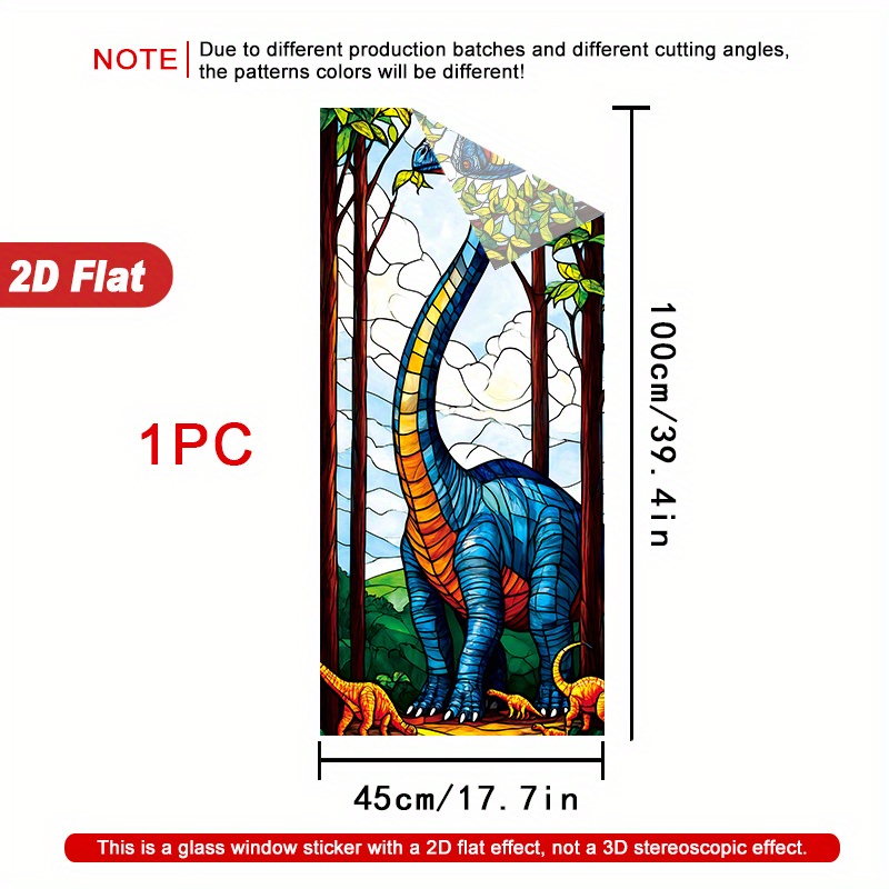 TEMU 2d Flat - 2d Flat - 1pc Stained Glass Dinosaur Design 2d Window Film Made Of Pvc With Static Cling, Measuring 45x100 Cm. Ideal For Home
