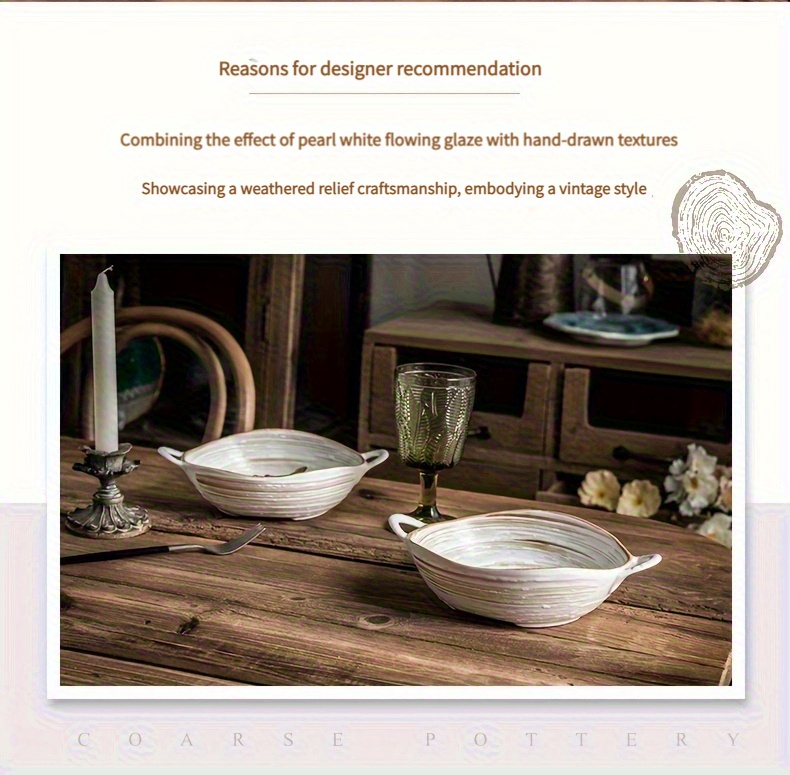 A Vintage Double-Handled Bowl, 19.05 cm, Irregular Ceramic Design, Creative Uniquely Shaped Salad Bowl, Japanese Retro Noodle Bowl, Same Style As Used in Restaurants