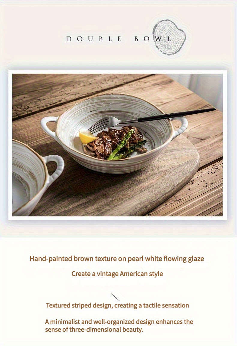 A Vintage Double-Handled Bowl, 19.05 cm, Irregular Ceramic Design, Creative Uniquely Shaped Salad Bowl, Japanese Retro Noodle Bowl, Same Style As Used in Restaurants