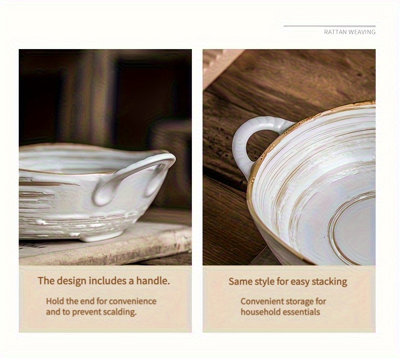 A Vintage Double-Handled Bowl, 19.05 cm, Irregular Ceramic Design, Creative Uniquely Shaped Salad Bowl, Japanese Retro Noodle Bowl, Same Style As Used in Restaurants