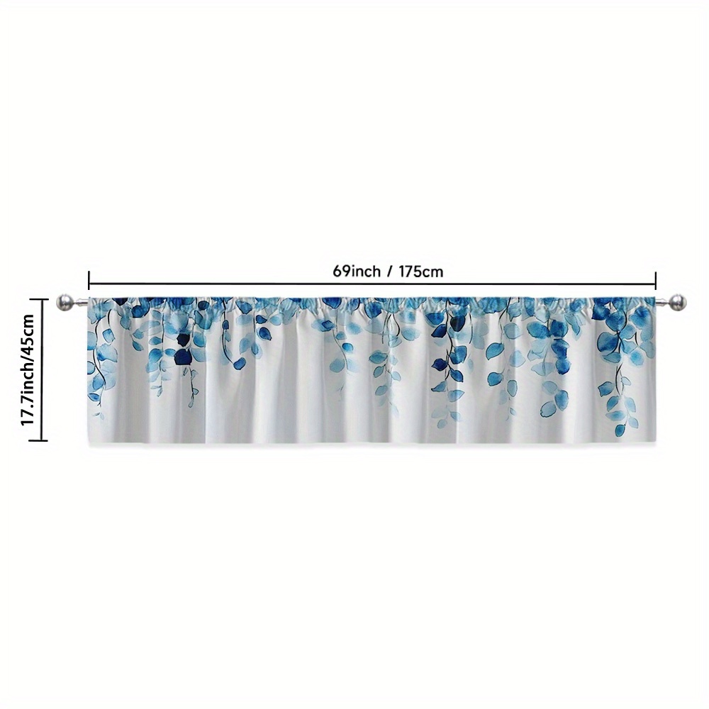 TEMU 1pc Blue Floral & Leaf Print Kitchen Valance Curtain - 100% Polyester Light Filtering Rod , Machine Washable Modern Artistic Window For Living