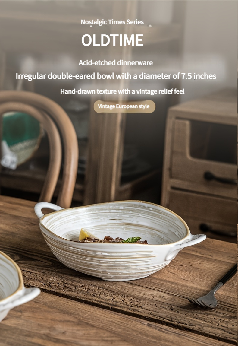 A Vintage Double-Handled Bowl, 19.05 cm, Irregular Ceramic Design, Creative Uniquely Shaped Salad Bowl, Japanese Retro Noodle Bowl, Same Style As Used in Restaurants