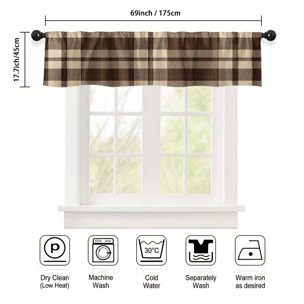 TEMU 1 pièce de Valance à Carreaux Brun Chaud Thème 2D - Design Moderne avec Poche pour Tringle, 100% Polyester Semi-Transparente pour Cuisine, Salle
