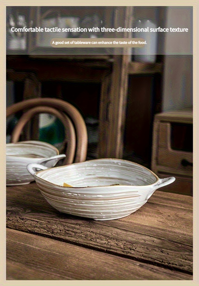 A Vintage Double-Handled Bowl, 19.05 cm, Irregular Ceramic Design, Creative Uniquely Shaped Salad Bowl, Japanese Retro Noodle Bowl, Same Style As Used in Restaurants