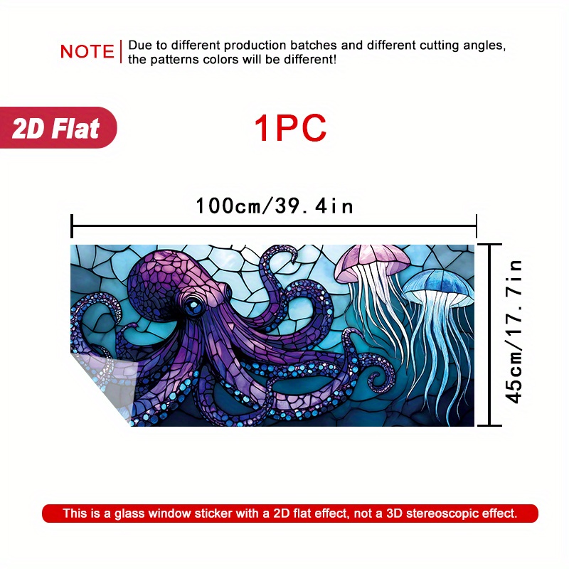 TEMU 2d Flat, 1pc Static Cling Stained Glass Window Film Suitable For Doors And Windows - Pvc Privacy Decal With Octopus & Jellyfish, Install/remove,