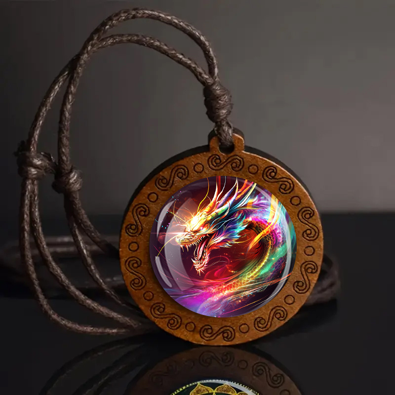 Image of Vintage Style Wooden Dragon Pendant Necklace With Adjustable Cord - Rainbow Flowing Design, Ideal For Daily Wear & Gift , Unisex, Dragon Jewelry