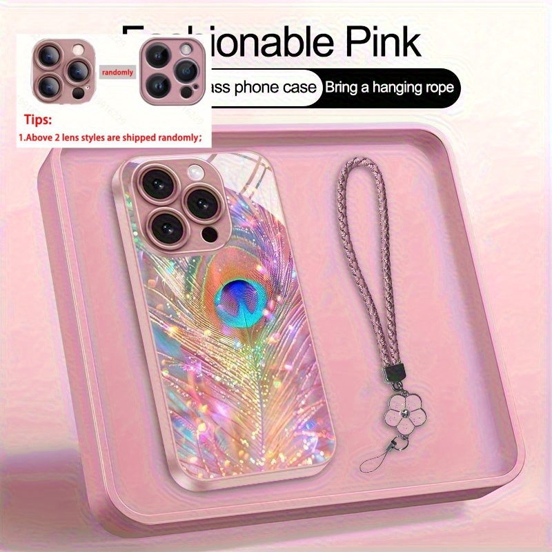 TEMU Phone Case: Random Lens, Luminous Feather Pattern Metallic Paint Glass Phone Case With Lanyard, Suitable For Iphone 16 Pro Max/16 Plus/16