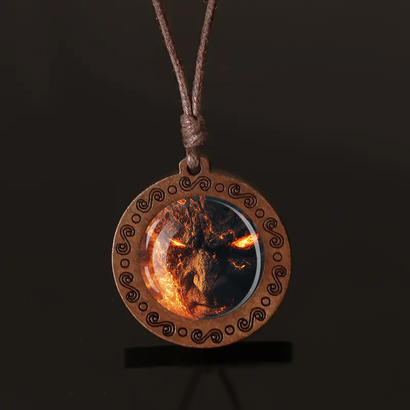 Lava Demon Face Wooden Pendant Necklace, Unisex