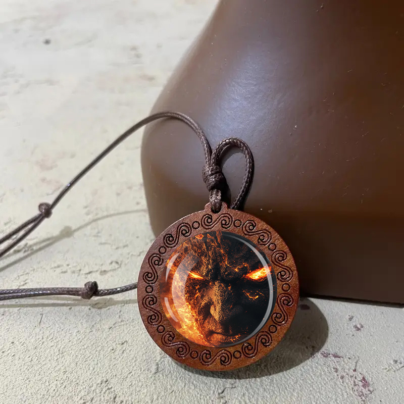 Lava Demon Face Wooden Pendant Necklace, Unisex