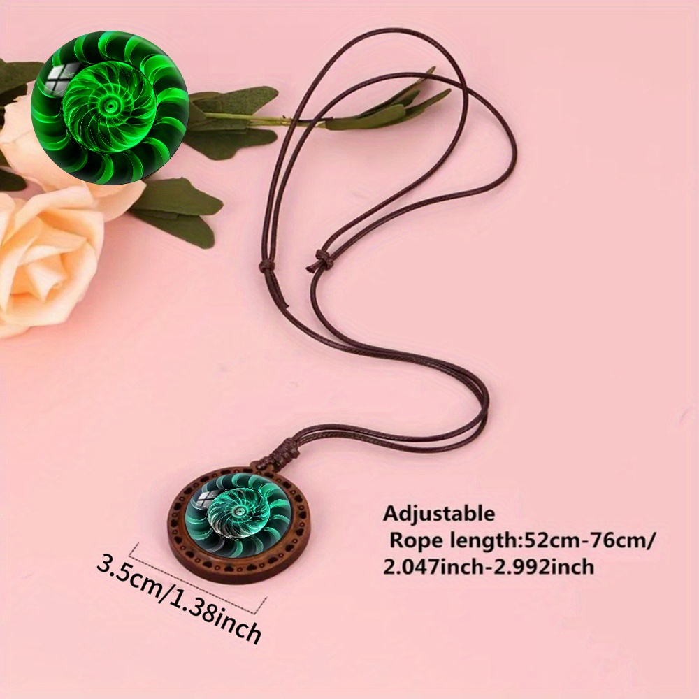 Green Light Spiral Pattern Wooden Pendant Necklace, Luminous