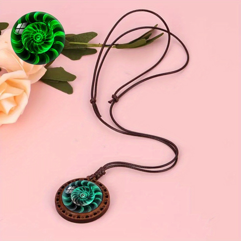 Green Light Spiral Pattern Wooden Pendant Necklace, Luminous