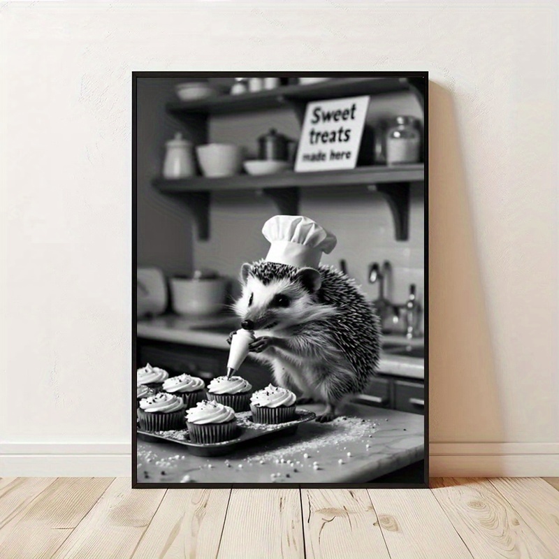 TEMU 2d Flat, 2d Flat, 1pc, 2d Artwork, Unframed, 12 Inches X 16 Inches, Adorable Hedgehog Chef Wall Art, Animal Kitchen Decor, Black And White Pet