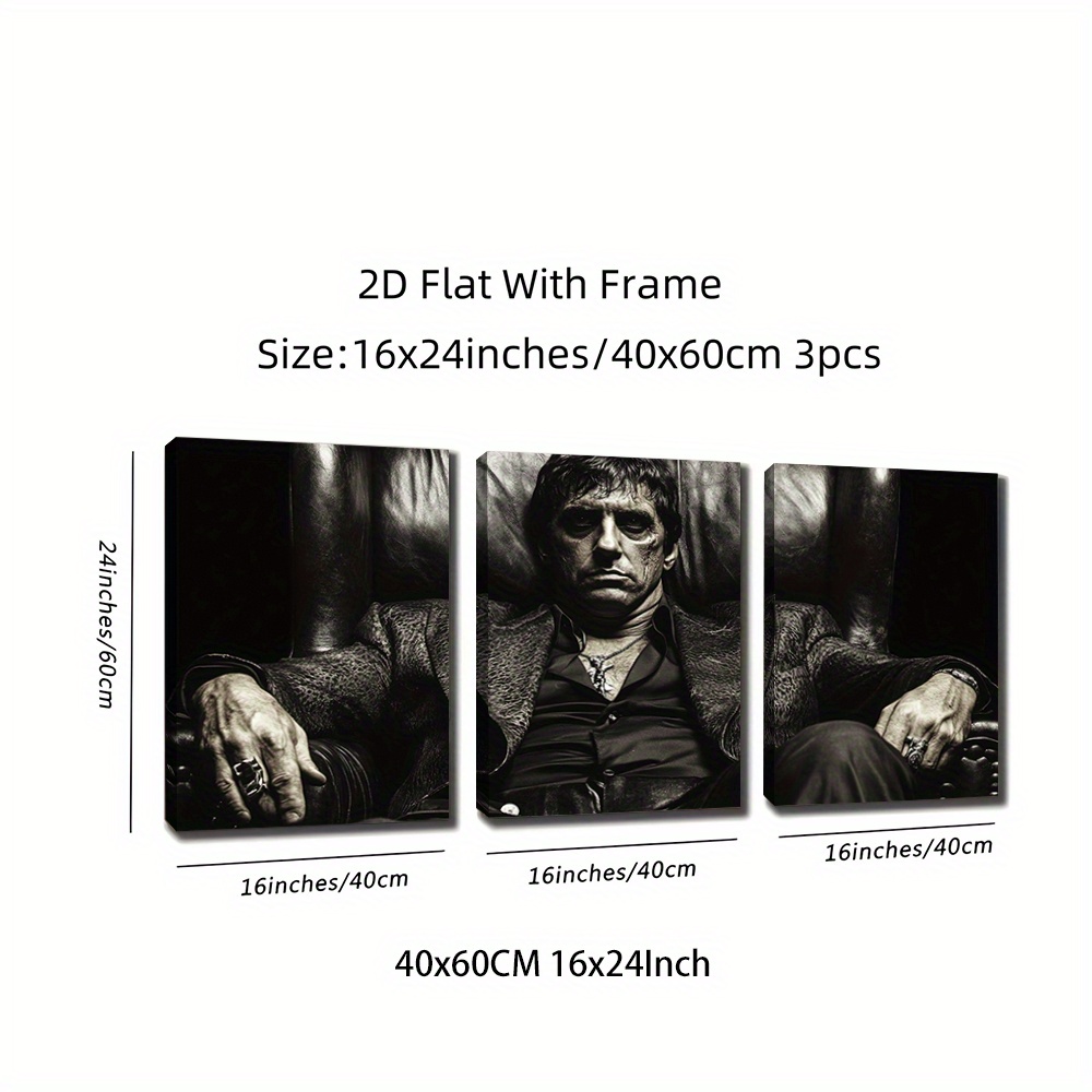 2D Plat, 3 stuks, 2D Ingelijste wanddecoratie - 40.64x60.96cm, Tony Montana Scarface Amerikaanse Gangsterfilm