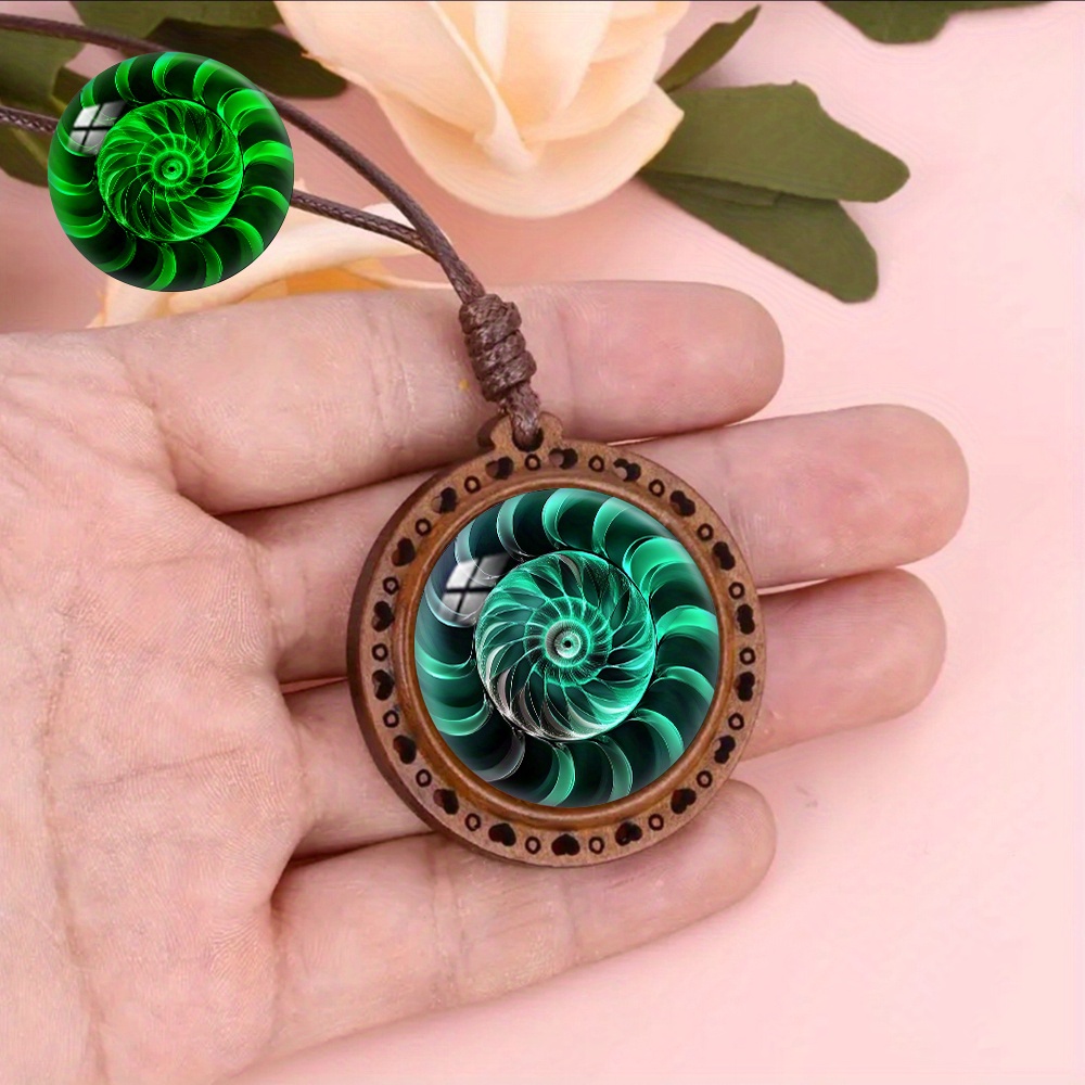 Green Light Spiral Pattern Wooden Pendant Necklace, Luminous