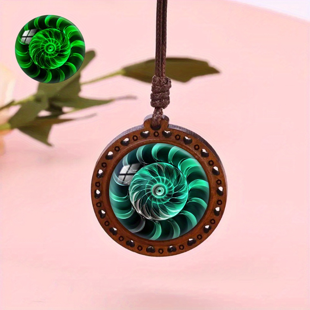 Green Light Spiral Pattern Wooden Pendant Necklace, Luminous