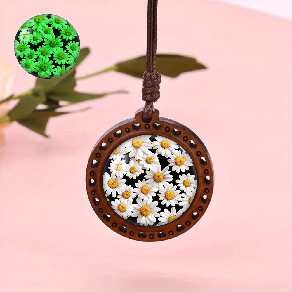 Daisy Flower Pattern Wooden Pendant Necklace, Gift