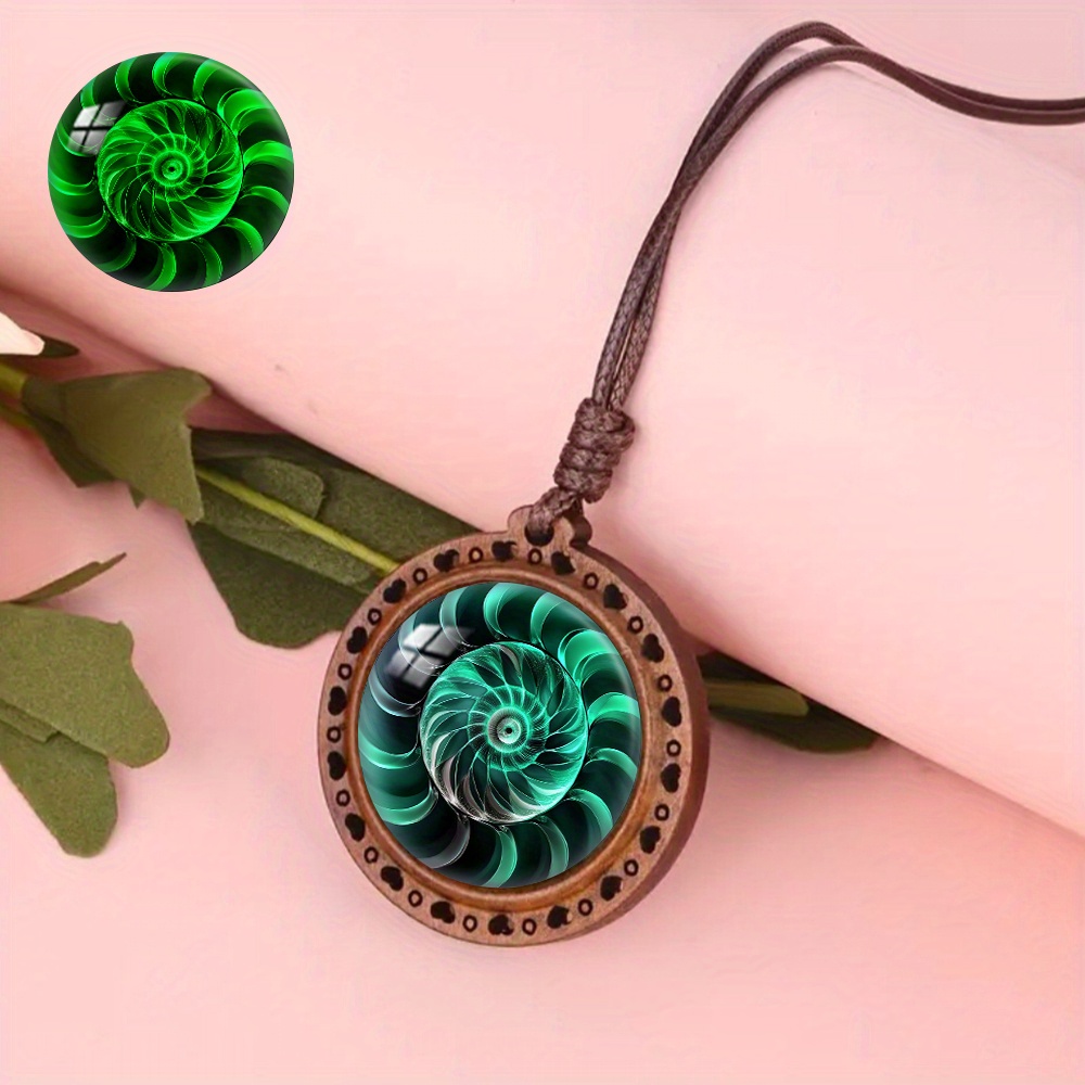 Green Light Spiral Pattern Wooden Pendant Necklace, Luminous