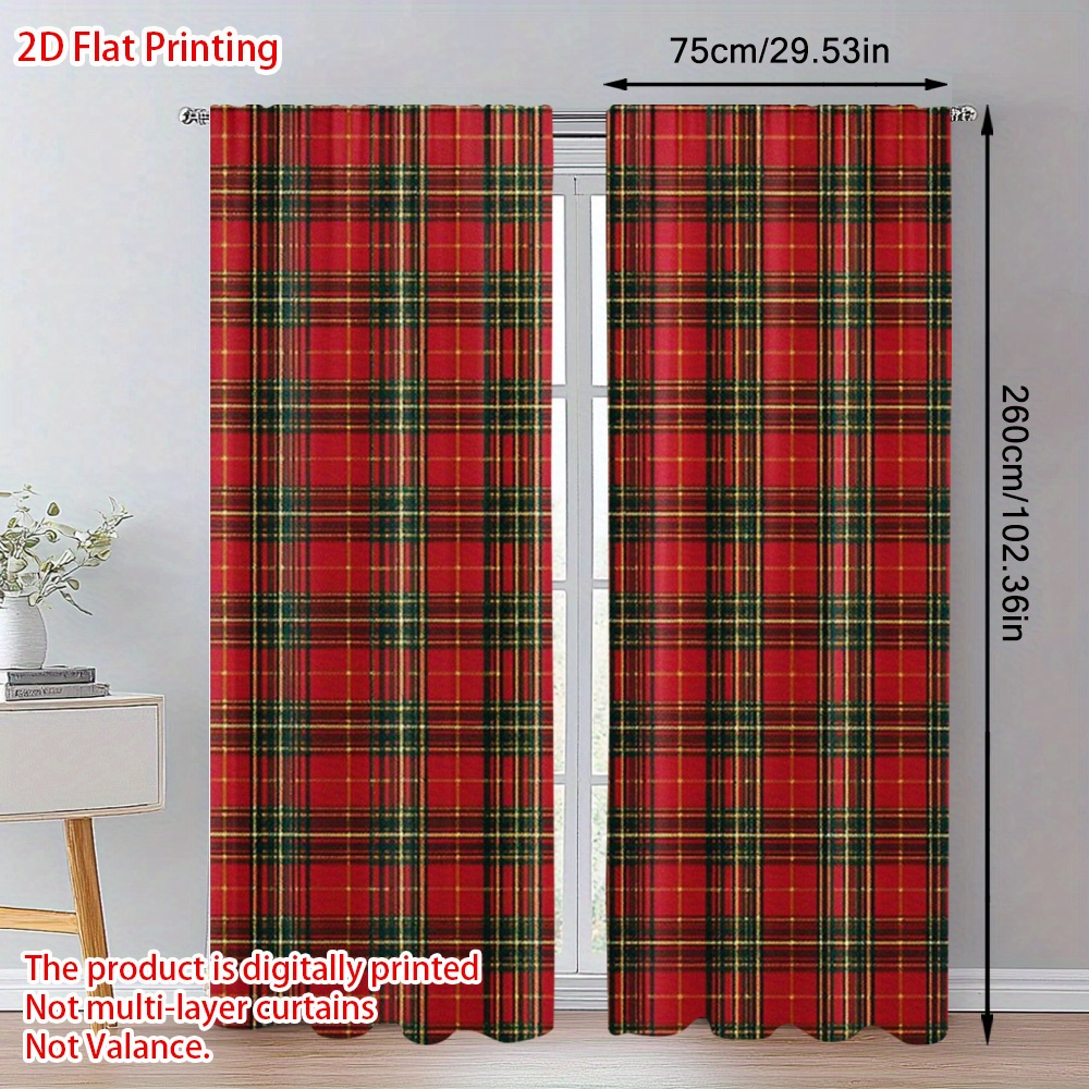 TEMU 2pcs Christmas Christmas Plaid Printed Curtains, Chic And Stylish, Ideal For Home Bar, Lounge Area, Or Entertainment Room (pole Free)