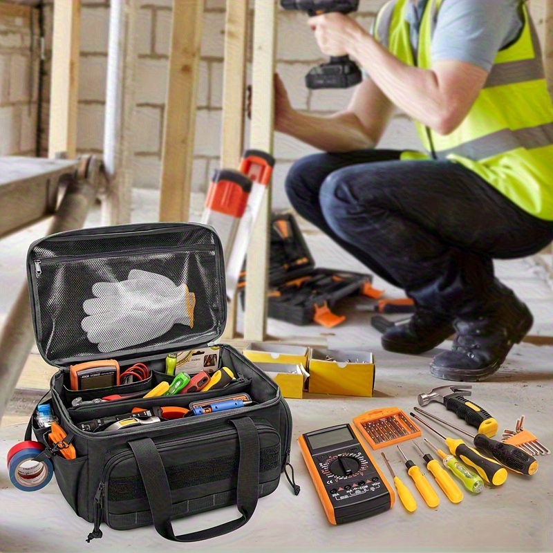 Conjunto de Herramientas de 14 Pulgadas, Resistente, para Electricistas y Técnicos de Mantenimiento – Case de Trabajo Negra, Durable, con Bolso Práctico de Almacenamiento Multi-Compartimento