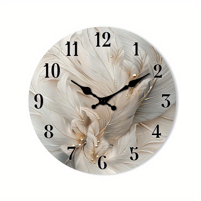 TEMU 1pc Wooden Wall Clock, Non-ticking, Round, Feathered Clock Face With Intricate Details, For Dining Room, Hallway, Study Room, Home Office,