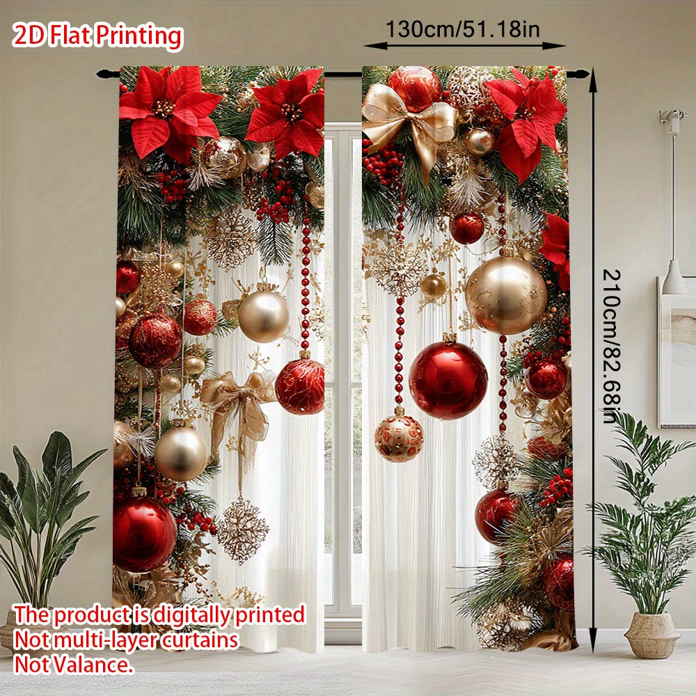 TEMU 2pcs Christmas Christmas Rose Golden Festive Printed Curtains, Comfortable And Elegant, Bedroom, Study, Home Office, And (pole Free)