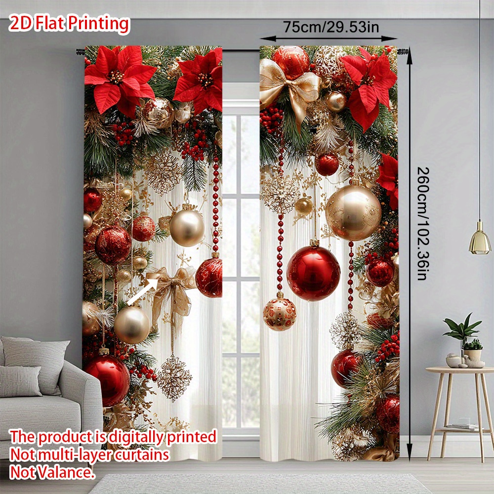 TEMU 2pcs Christmas Christmas Rose Golden Festive Printed Curtains, Comfortable And Elegant, Perfect For Bedroom, Study, Home Office, And (pole Free)