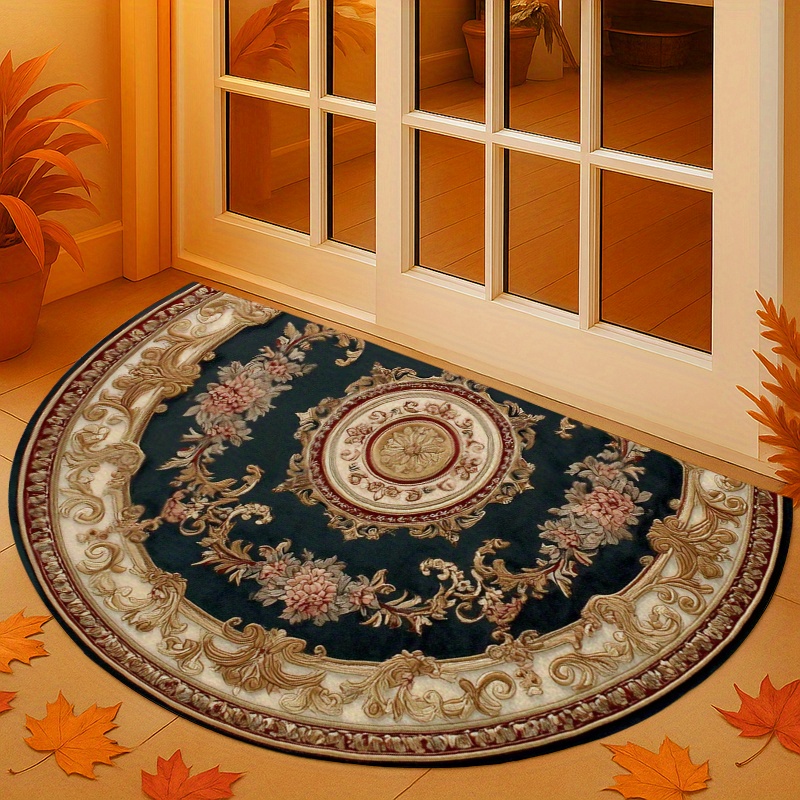 TEMU 1pc Fall Semicircular Doormat - Dark Blue & Golden Non-slip Mat, 100% Polyester Indoor/outdoor Thanksgiving Doormat For Entrance, Hallway,