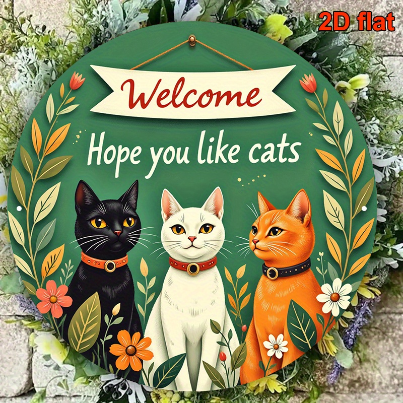 TEMU 2D, 2D - Letrero de Bienvenida de Madera Gato 2D - Decoración de Puerta con Tres Gatos Negros, Blancos y Naranjas - Placa Floral "Bienvenidos