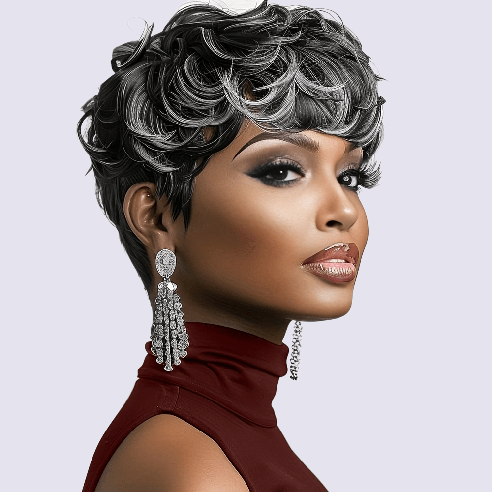 TEMU Grey Wigs For Women Black Mixed Grey Cut Wig Short Gray Hair Wigs Synthetic Ombre Grey Short Curly Wig