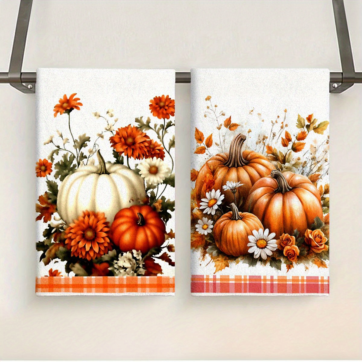 TEMU 2d Flat, 2pcs 2d Flat Printed Microfiber Hand Towels & Dish Cloths Suitable For Kitchen Decor, Autumn Pumpkin & Daisy Plaid Border Towels, Retro