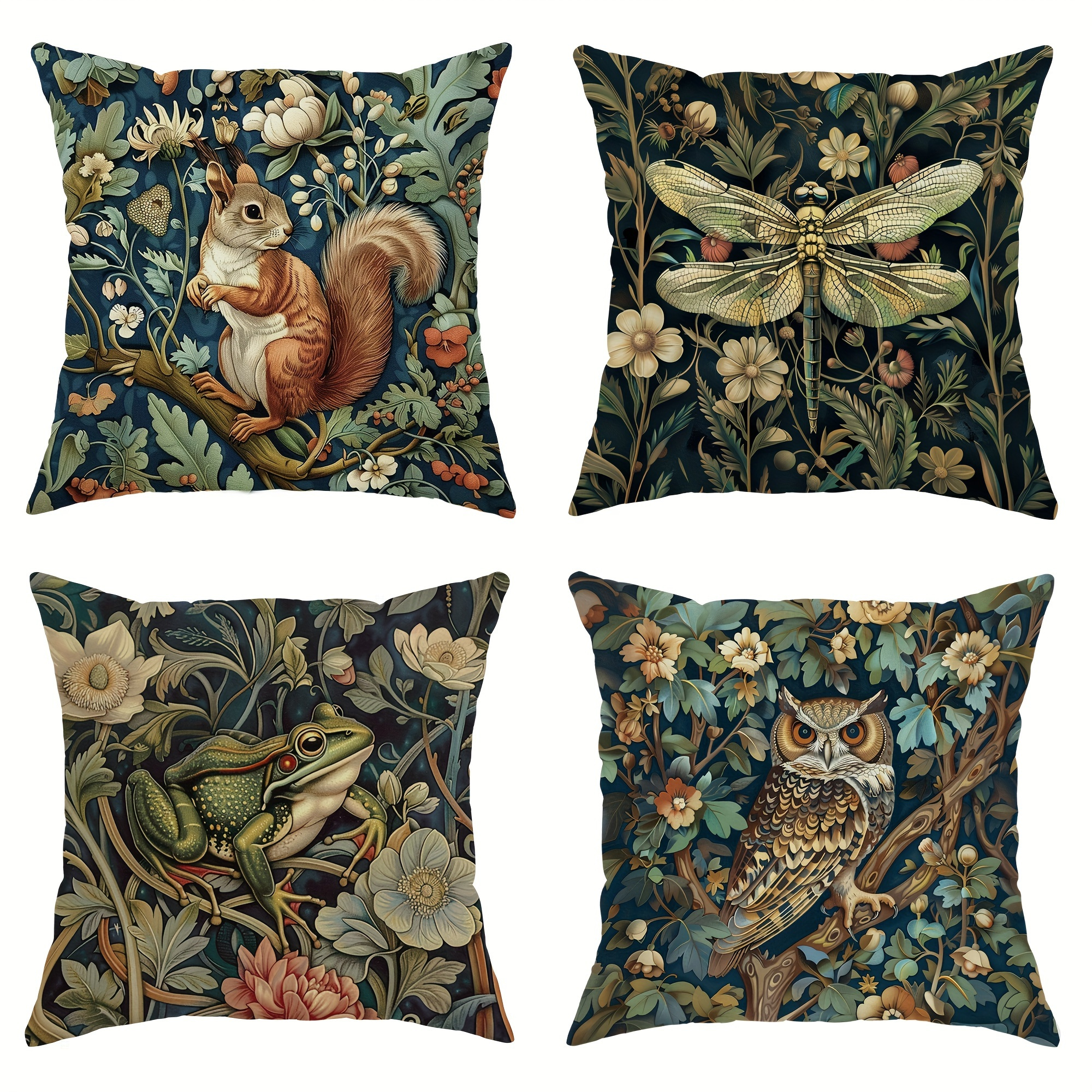 TEMU Set Of 4 Vintage Velvet Throw Pillow Covers - Soft, Machine Washable, Zippered Polyester Cases With Adorable Squirrel, Dragonfly, Frog, Owl