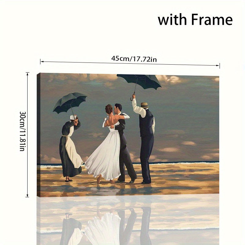 TEMU 1pc Vintage-inspired "singing " Canvas Art Print With Frame - Romantic Beach Scene With Umbrellas, Ideal Gift For , Beach Theme Decor
