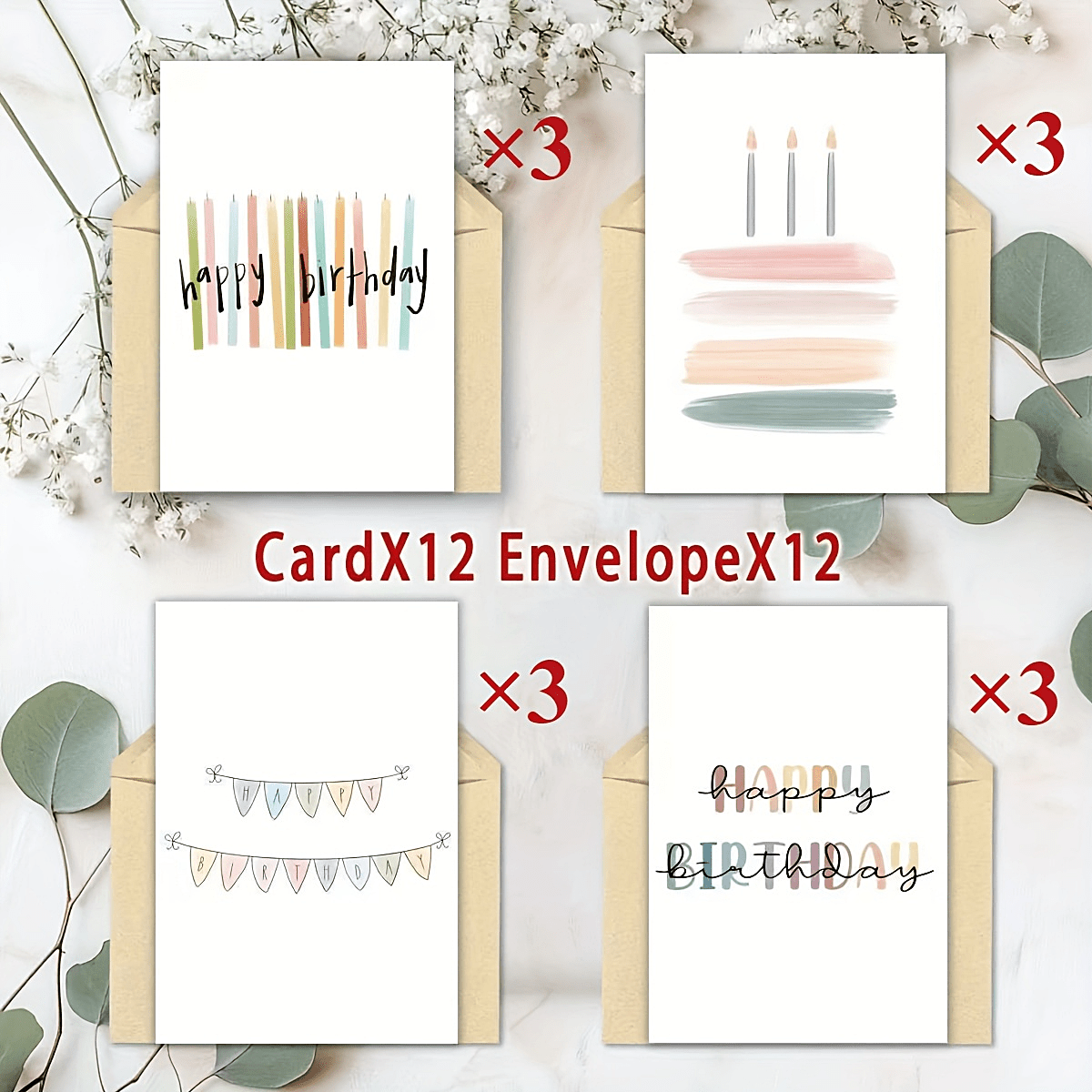 Image of 24pcs (12 Envelopes + 12 Cards) Fun Cute Cartoon Candle Cake Birthday Card Blank Greeting Card For Family, , Brothers, Sisters, Teachers, Colleagues, Wedding, Christmas, New Year Gifts
