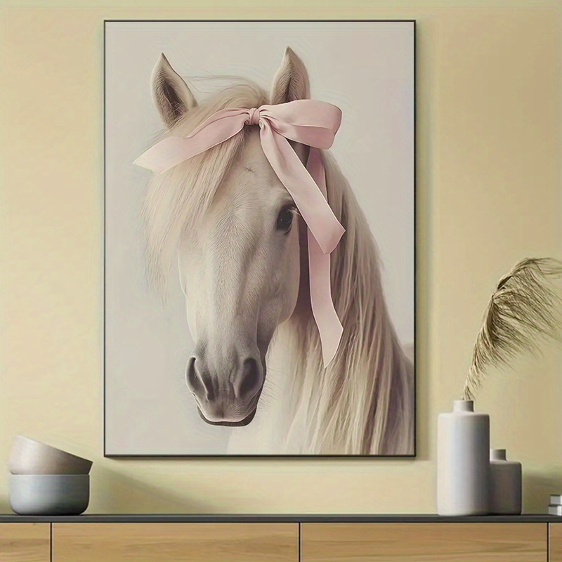 TEMU 2d Flat, 1pc Unframed Printed Canvas Poster, Vintage White Horse Art With Pink Ribbon â Western Farmhouse Style. Perfect For Teen Girls' Rooms 